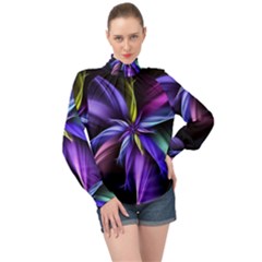 Fractal Floral Pattern Petals High Neck Long Sleeve Chiffon Top by Pakrebo