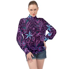 Stamping High Neck Long Sleeve Chiffon Top