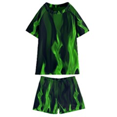 Smoke Flame Abstract Green Kids  Swim Tee And Shorts Set by Pakrebo