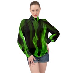 Smoke Flame Abstract Green High Neck Long Sleeve Chiffon Top