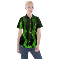 Smoke Flame Abstract Green Women s Short Sleeve Pocket Shirt