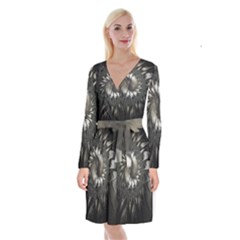 Fractal Abstract Pattern Silver Long Sleeve Velvet Front Wrap Dress