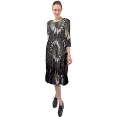 Fractal Abstract Pattern Silver Ruffle End Midi Chiffon Dress