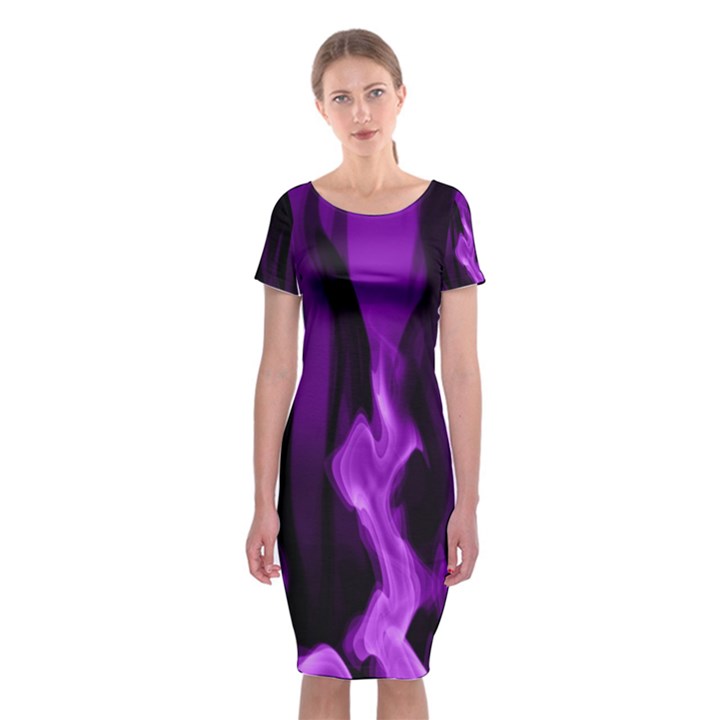 Smoke Flame Abstract Purple Classic Short Sleeve Midi Dress