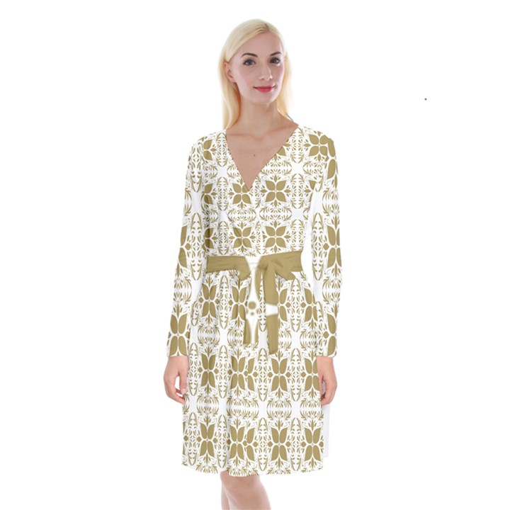 Illustrations Pattern Gold Floral Texture Design Long Sleeve Velvet Front Wrap Dress