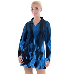 Smoke Flame Abstract Blue Women s Long Sleeve Casual Dress