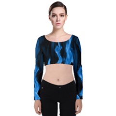 Smoke Flame Abstract Blue Velvet Long Sleeve Crop Top by Pakrebo