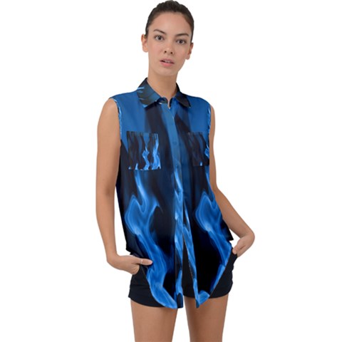 Smoke Flame Abstract Blue Sleeveless Chiffon Button Shirt by Pakrebo