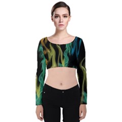 Smoke Rainbow Colors Colorful Fire Velvet Long Sleeve Crop Top by Pakrebo