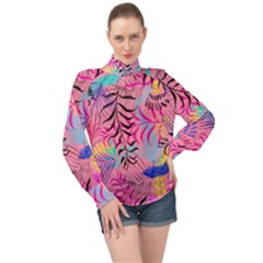 Leaves High Neck Long Sleeve Chiffon Top