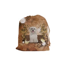 Cute Maltese Puppy With Flowers Drawstring Pouch (medium) by FantasyWorld7