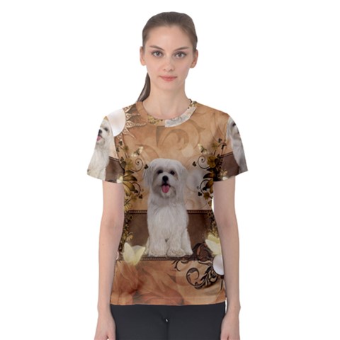 Cute Maltese Puppy With Flowers Women s Sport Mesh Tee by FantasyWorld7