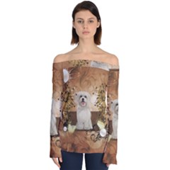 Cute Maltese Puppy With Flowers Off Shoulder Long Sleeve Top by FantasyWorld7