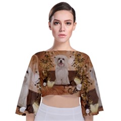 Cute Maltese Puppy With Flowers Tie Back Butterfly Sleeve Chiffon Top by FantasyWorld7