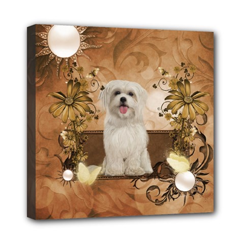 Cute Maltese Puppy With Flowers Mini Canvas 8  X 8  (stretched) by FantasyWorld7