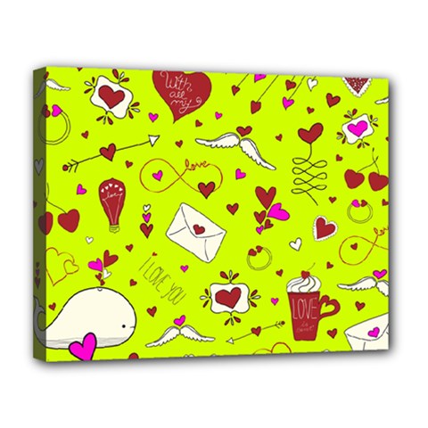 Valentin s Day Love Hearts Pattern Red Pink Green Canvas 14  X 11  (stretched) by EDDArt