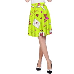 Valentin s Day Love Hearts Pattern Red Pink Green A-line Skirt by EDDArt