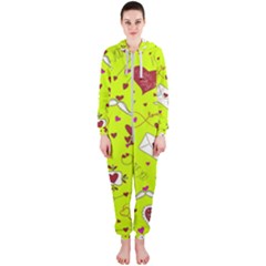 Valentin s Day Love Hearts Pattern Red Pink Green Hooded Jumpsuit (ladies)  by EDDArt