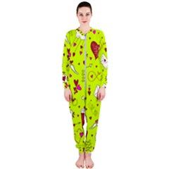 Valentin s Day Love Hearts Pattern Red Pink Green Onepiece Jumpsuit (ladies)  by EDDArt