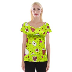 Valentin s Day Love Hearts Pattern Red Pink Green Cap Sleeve Top by EDDArt