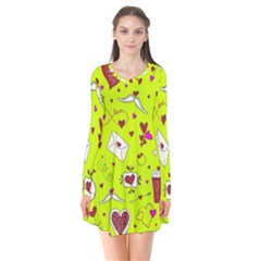 Valentin s Day Love Hearts Pattern Red Pink Green Long Sleeve V-neck Flare Dress by EDDArt