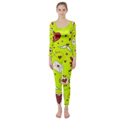 Valentin s Day Love Hearts Pattern Red Pink Green Long Sleeve Catsuit by EDDArt