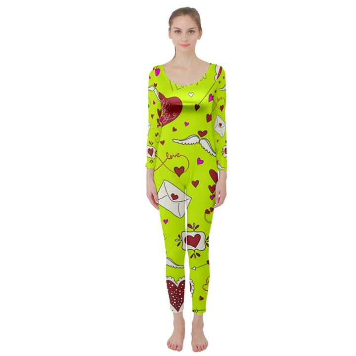 Valentin s Day Love Hearts Pattern Red Pink Green Long Sleeve Catsuit