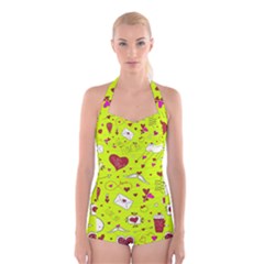 Valentin s Day Love Hearts Pattern Red Pink Green Boyleg Halter Swimsuit  by EDDArt