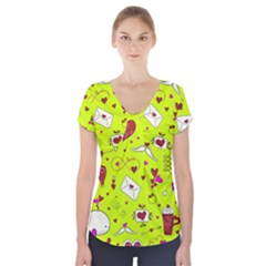 Valentin s Day Love Hearts Pattern Red Pink Green Short Sleeve Front Detail Top by EDDArt