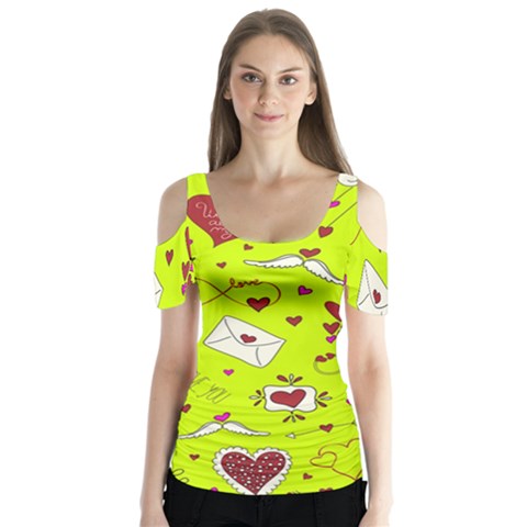 Valentin s Day Love Hearts Pattern Red Pink Green Butterfly Sleeve Cutout Tee  by EDDArt