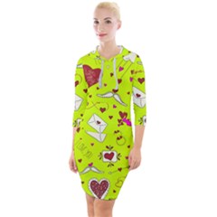 Valentin s Day Love Hearts Pattern Red Pink Green Quarter Sleeve Hood Bodycon Dress by EDDArt