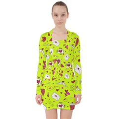 Valentin s Day Love Hearts Pattern Red Pink Green V-neck Bodycon Long Sleeve Dress by EDDArt