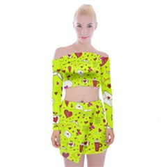 Valentin s Day Love Hearts Pattern Red Pink Green Off Shoulder Top With Mini Skirt Set by EDDArt