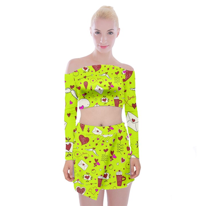 Valentin s Day Love Hearts Pattern Red Pink Green Off Shoulder Top with Mini Skirt Set