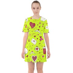 Valentin s Day Love Hearts Pattern Red Pink Green Sixties Short Sleeve Mini Dress by EDDArt