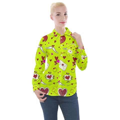 Valentin s Day Love Hearts Pattern Red Pink Green Women s Long Sleeve Pocket Shirt by EDDArt