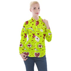 Valentin s Day Love Hearts Pattern Red Pink Green Women s Long Sleeve Pocket Shirt