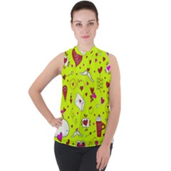 Valentin s Day Love Hearts Pattern Red Pink Green Mock Neck Chiffon Sleeveless Top by EDDArt