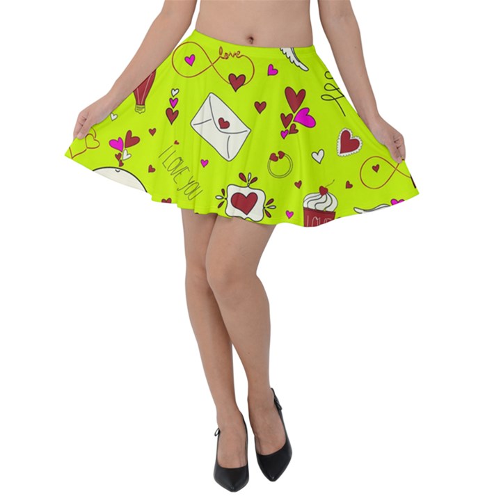 Valentin s Day Love Hearts Pattern Red Pink Green Velvet Skater Skirt