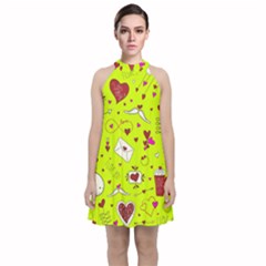 Valentin s Day Love Hearts Pattern Red Pink Green Velvet Halter Neckline Dress  by EDDArt