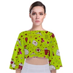 Valentin s Day Love Hearts Pattern Red Pink Green Tie Back Butterfly Sleeve Chiffon Top by EDDArt