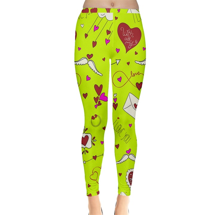 Valentin s Day Love Hearts Pattern Red Pink Green Inside Out Leggings