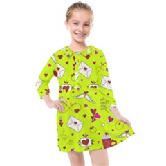 Valentin s Day Love Hearts Pattern Red Pink Green Kids  Quarter Sleeve Shirt Dress by EDDArt