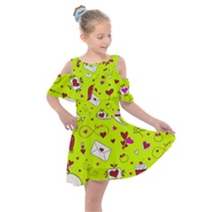 Valentin s Day Love Hearts Pattern Red Pink Green Kids  Shoulder Cutout Chiffon Dress by EDDArt