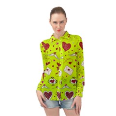 Valentin s Day Love Hearts Pattern Red Pink Green Long Sleeve Chiffon Shirt