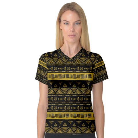 Native American Ornaments Watercolor Pattern Black Gold V-neck Sport Mesh Tee by EDDArt