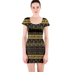 Native American Ornaments Watercolor Pattern Black Gold Short Sleeve Bodycon Dress by EDDArt