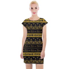 Native American Ornaments Watercolor Pattern Black Gold Cap Sleeve Bodycon Dress by EDDArt