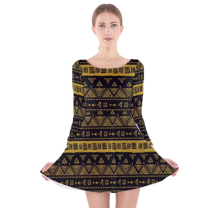 Native American Ornaments Watercolor Pattern Black Gold Long Sleeve Velvet Skater Dress