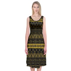 Native American Ornaments Watercolor Pattern Black Gold Midi Sleeveless Dress by EDDArt